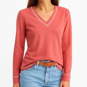 Izod Stretch Coral Top Long Sleeve T-shirt V-neck Seamed Jersey Fabric Coral M